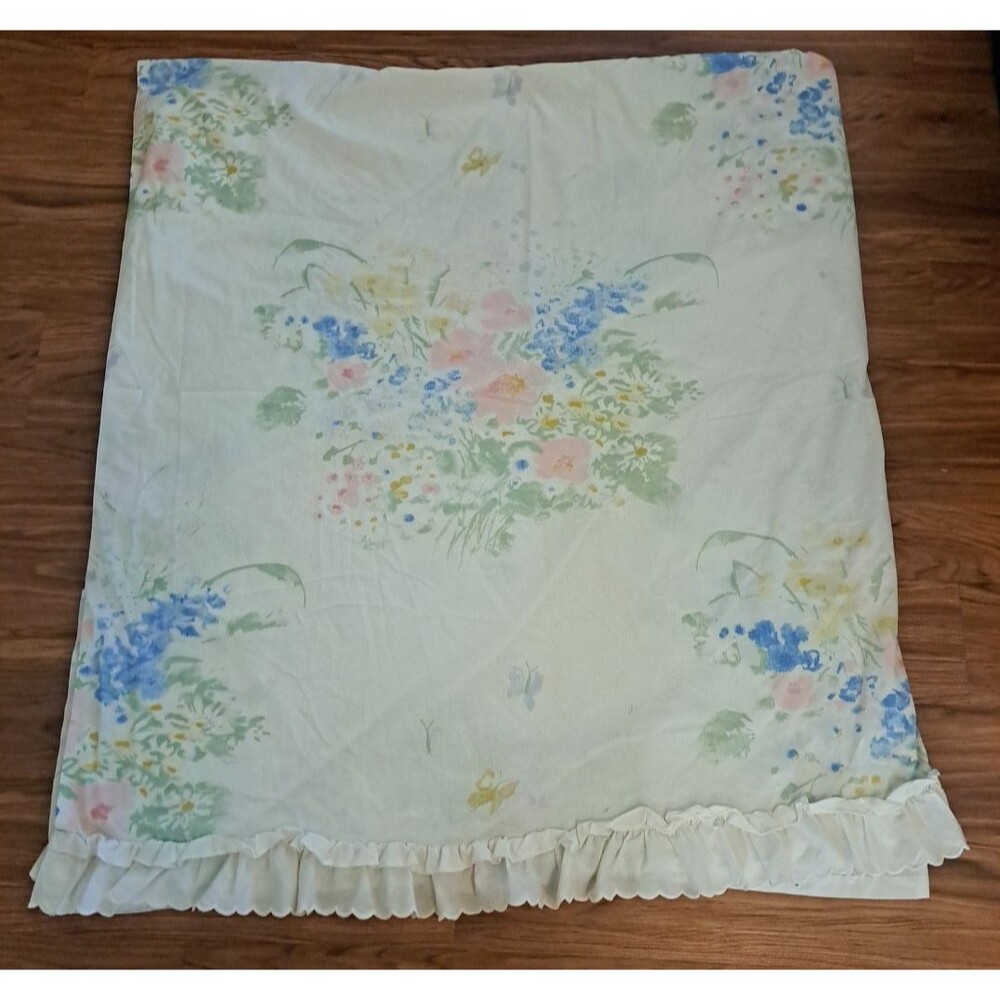 VTG Full Flat Ruffled Sheet Percale Cottage Pastel Watercolor Flowers Farmhouse